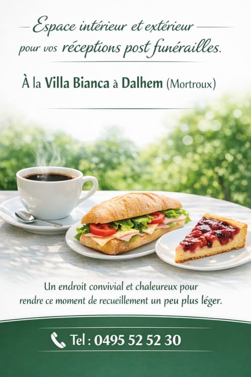 Villa Bianca Dalhem post-funeral reception with coffee, sandwich, and cake on garden terrace
