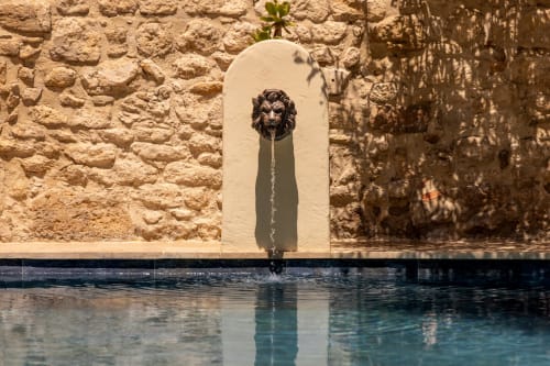 Fontaine à tête de lion se versant dans un bassin du boutique-hôtel Le Prieuré Notre-Dame à Montfrin, France