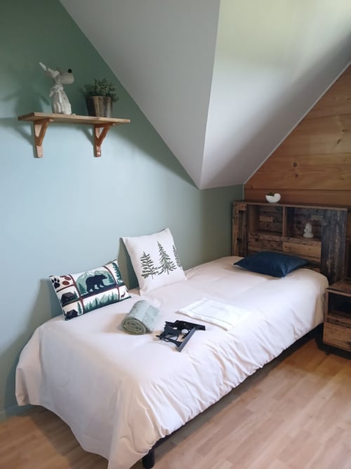 Chambre cozy de Ma Cabane du Canada avec murs verts, lit en bois, décoration vue montagne et thème nature