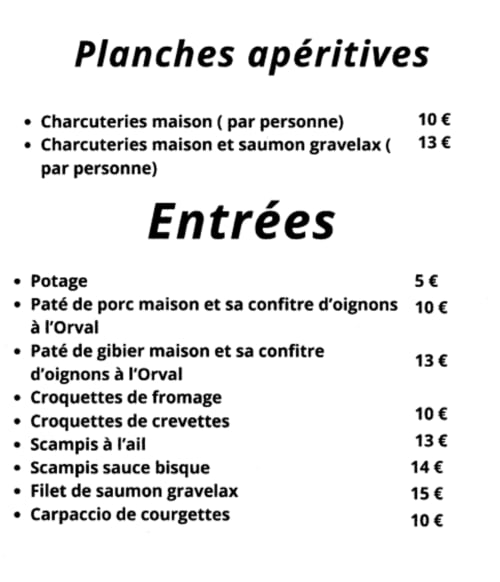 Les Trois Voisins menu: French appetizers and entrées with prices in euros, Bourseigne-Vieille