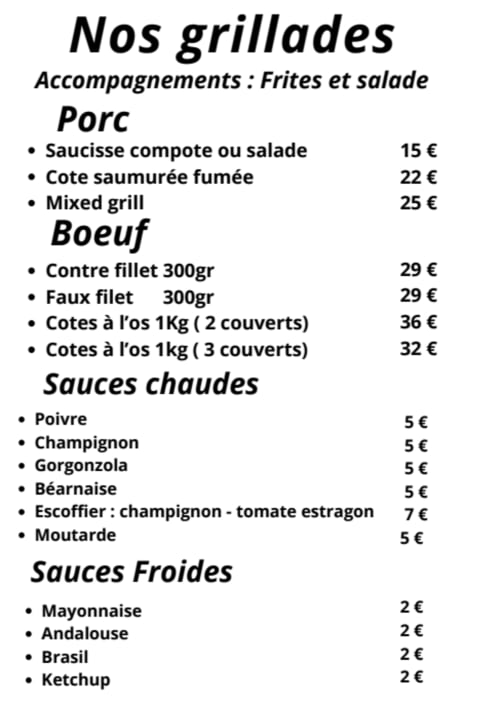 Menu of grilled meats and sauces at Les Trois Voisins BnB in Bourseigne-Vieille, Belgium