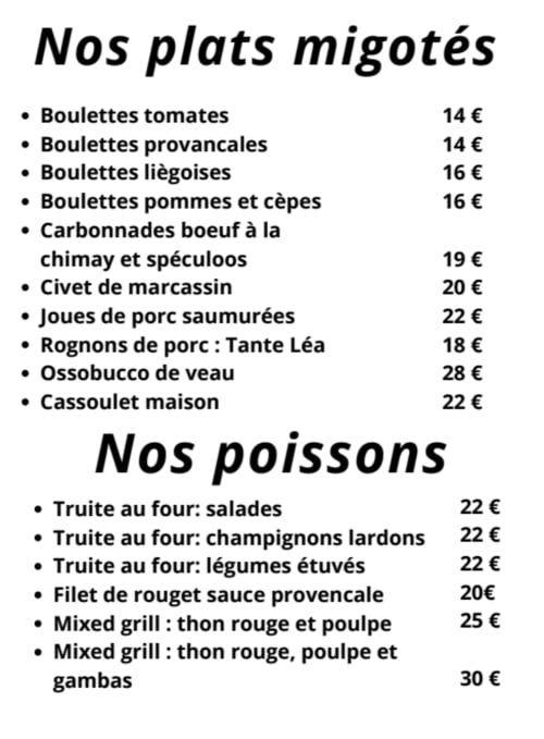 Les Trois Voisins menu: migotés dishes and fish specialties with prices in euros
