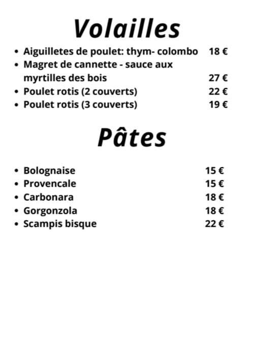 Les Trois Voisins menu featuring French poultry dishes and pasta specialties in Bourseigne-Vieille