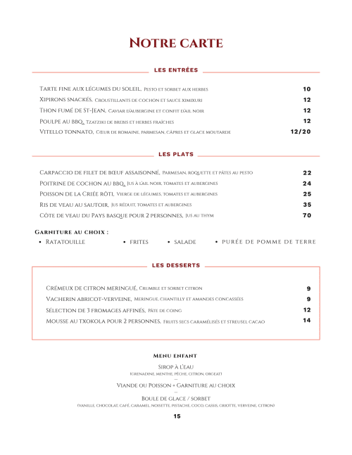 Notre Carte du menu de l'Hôtel & Restaurant Des Basses Pyrénées à Bayonne présentant les entrées, plats et spécialités françaises