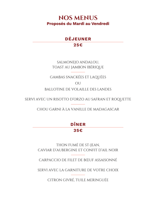 Menu hebdomadaire de l'Hôtel Des Basses Pyrénées à Bayonne proposant déjeuner et dîner de cuisine française