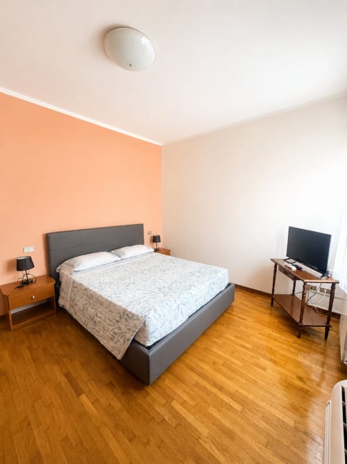 Camera moderna al Bicocca Flat Milano con parete color pesca, letto matrimoniale, pavimenti in legno, TV e ventilatore a soffitto