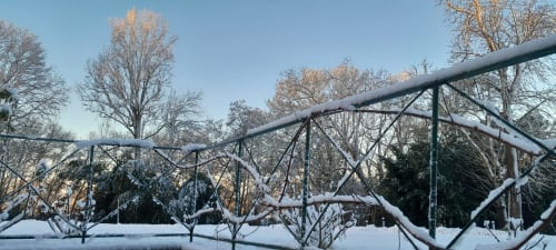Jardin d'hiver enneigé du Chateau De Saint Thomas BnB à Saint-Étienne-de-Montluc avec arbres givrés et structure métallique
