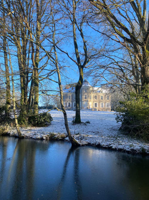 Château de Saint-Thomas aux abords gelés vus à travers les arbres nus d'hiver, Saint-Étienne-de-Montluc France