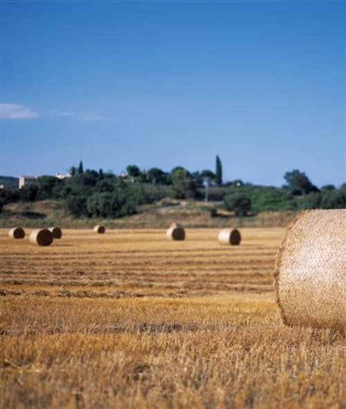 Campagne toscane avec meules de foin et village perché près d'une location de vacances Costa Brava