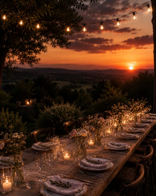 Sonnenuntergangsessen in La Maison George mit kerzenbeleuchtetem Tisch mit Blick auf das Tal von Flavigny-sur-Ozerain
