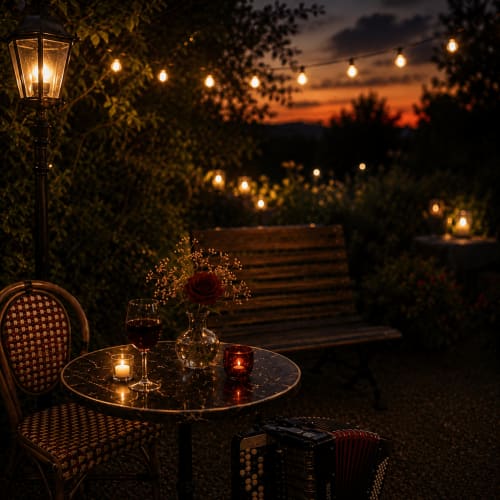 Romantischer Abend auf der Terrasse von La Maison George mit roter Rose, Kerzenlicht und Sonnenuntergang über Flavigny-sur-Ozerain