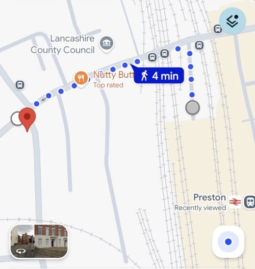 Map showing 4-minute walking route from Fishergate Residences to Nutty Butty restaurant in Preston city center