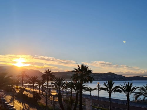 Sunset view from Sundeck apartment balcony overlooking Nice's Mediterranean coastline with palm trees