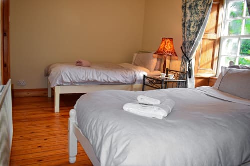 Deluxe twin bedroom at Knockaderry House in Ennis with wooden floors, twin beds with white linens, and garden views through