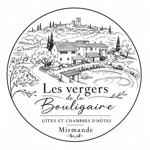 Logo du gîte Les Vergers de la Bouligaire représentant une villa toscane avec piscine à Mirmande