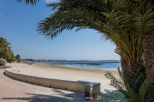 Playa arenosa con palmeras y muelle en San Javier, cerca de Haus Holiday Homes De Lisa Duplex