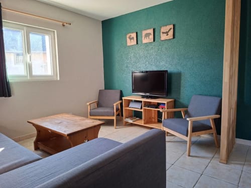 Salon du BnB Les 3 Marches à Lamoura avec mur d'accent bleu canard, mobilier mid-century moderne et téléviseur écran plat