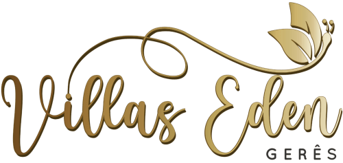 Logo Villas Eden Gerês com elegante script dourado e design de borboleta para hospedagem rural