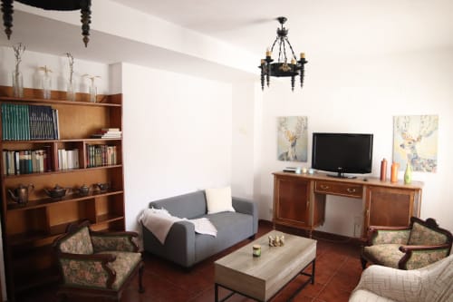 Elegante sala común del Hostal Rosa - Nonna en Sigüenza con estanterías de madera, sofá gris, chimenea y mobiliario de época.