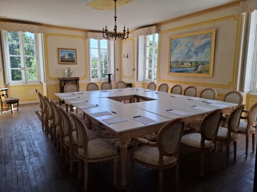 Élégante salle de conférence du Château de Saint Thomas avec grande table, chaises d'époque, tableaux dorés et lumière naturelle