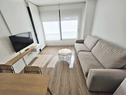 Sala de estar moderna en apartamento BR Silgar Sanxenxo con sofá gris, televisor, suelo de madera y acceso a terraza