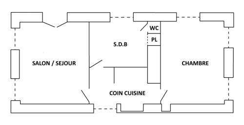 Plan du gîte du Château de Saint Thomas montrant l'agencement du salon, cuisine, chambre et salle de bains