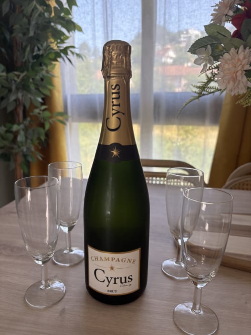 Bouteille de Champagne Cyrus avec quatre verres vides sur table en bois, vue sur le jardin depuis la Résidence Les 3 Volcans, Clermont
