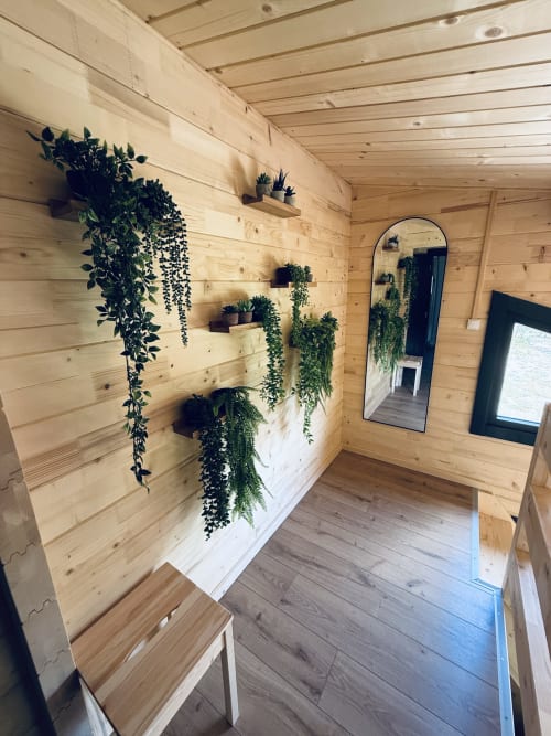 Intérieur de lodge en bois avec mur végétal aux plantes retombantes et verdure suspendue aux Cabanes du Belvédère