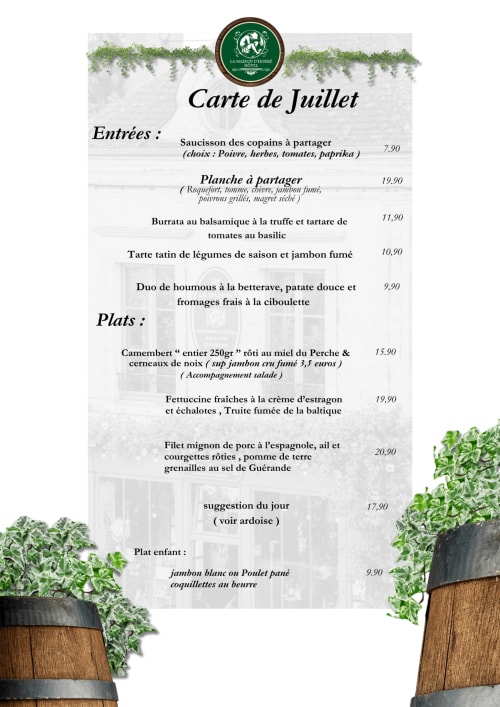 La Maison d'Horbé July menu featuring French cuisine entrées, plats, and children's dishes with prices