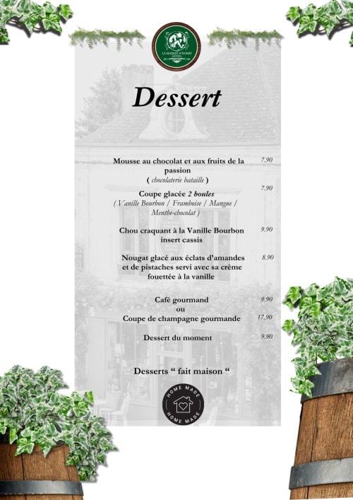 Dessert menu from La Maison d'Horbé featuring chocolate mousse, ice cream, nougat, and champagne options in