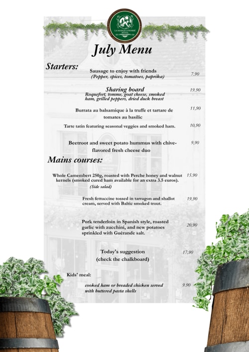 La Maison d'Horbé July menu featuring French cuisine starters, mains, and kids meals in Belforêt-en-perche