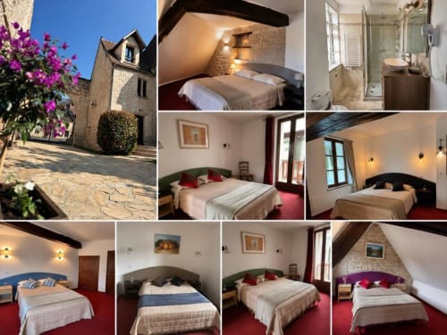 Chambres de l'hôtel Le Château des Saveurs à Mello, France avec lits doubles, salles de bain et architecture en pierre