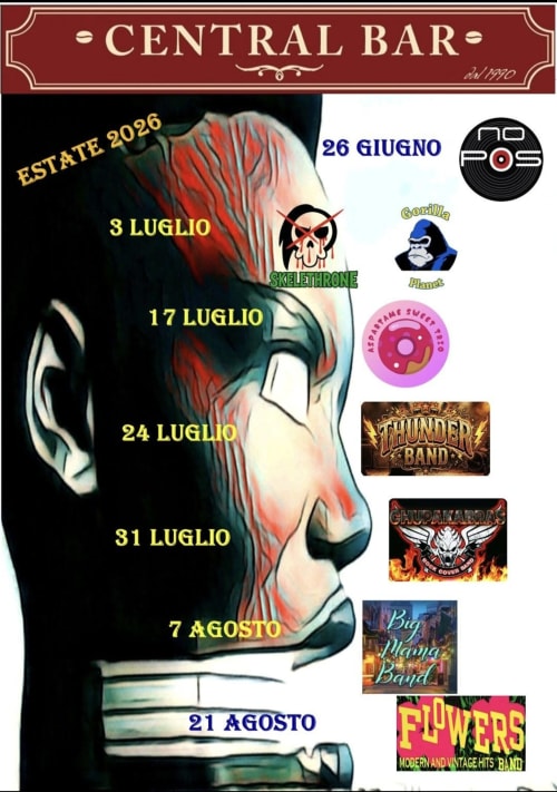 Calendario estivo 2026 del Central Bar con esibizioni di musica dal vivo e DJ a Montecatini Val di Cecina
