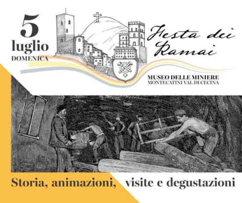 Poster Festa dei Ramai del museo minerario di Montecatini Val di Cecina con scena storica di estrazione mineraria