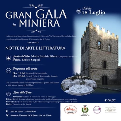 Manifesto Gran Gala in Miniera del 18 luglio a Montecatini Val di Cecina con torre medievale e dettagli cena gourmet