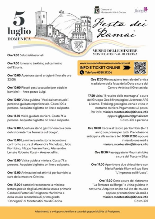 Programma Festa dei Ramae a Montecatini Val di Cecina il 5 luglio: museo minerario, trekking e degustazioni gastronomiche