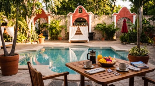 Villa Merida Boutique Hotel courtyard with turquoise pool, tropical gardens, and colonial architecture in Merida, Mexico