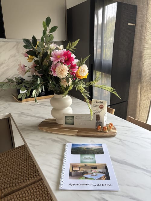 Suite accueillante aux 3 Volcans, Clermont-Ferrand, avec fleurs fraîches et brochure de l'établissement sur table en marbre
