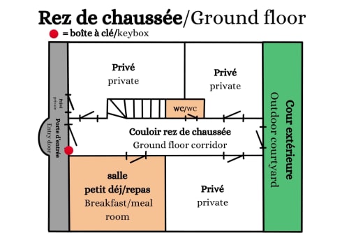 Plan du rez-de-chaussée du gîte Comme à la maison à Espéraza, montrant le couloir, la salle de petit-déjeuner, les espaces privés et les équipements.