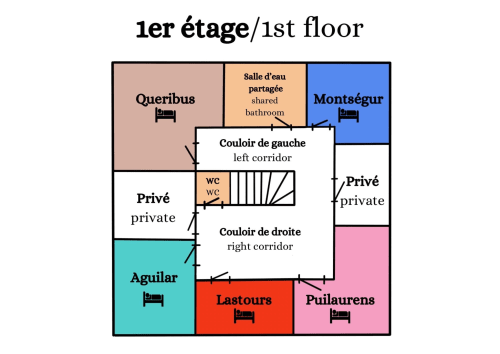 Plan du rez-de-chaussée de Comme à la maison à Espéraza montrant la chambre Lastours et les espaces partagés
