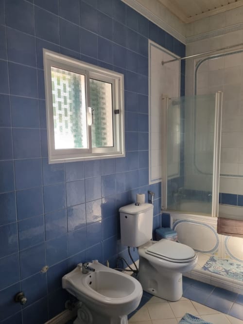 Banheiro revestido em azulejos azuis da pousada Equador Houses em São Tomé, com sanitário, bidê, chuveiro e vista pela janela