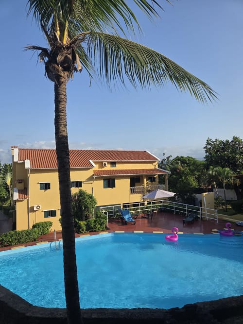 Chalé amarelo com piscina e palmeira na Equador Houses, São Tomé, vista do jardim Casa Amarela