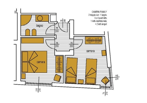 Planimetria della camera matrimoniale con zona living presso il B&B Casa Vanzetta a Ziano di Fiemme, con camere, bagno e