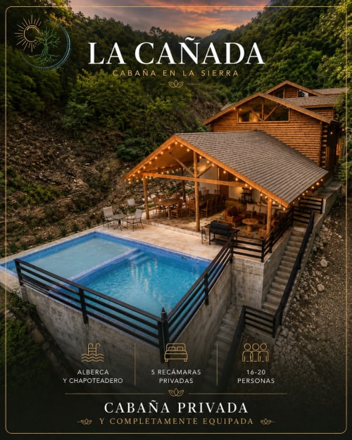 Cabaña La Cañada en Potrero de Serna con piscina, vistas a la montaña y arquitectura de madera en la sierra de la Sierra Madre