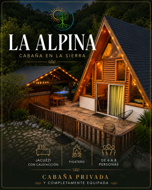Cabaña de lujo La Alpina en las montañas de Potrero de Serna con jacuzzi climatizado, fogata y terraza para 6-8 huéspedes
