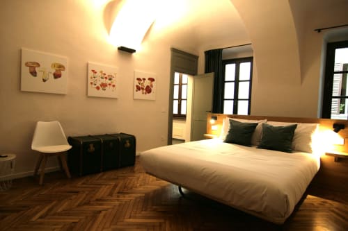 Camera moderna della Residenza Basiglio BnB a Ceva con letto queen, arte botanica e pavimenti in legno