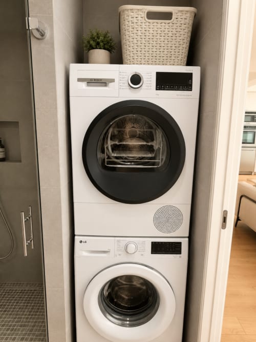 Lavadora y secadora apiladas en el baño del apartamento Holibai en Baiona con cesta de almacenamiento encima