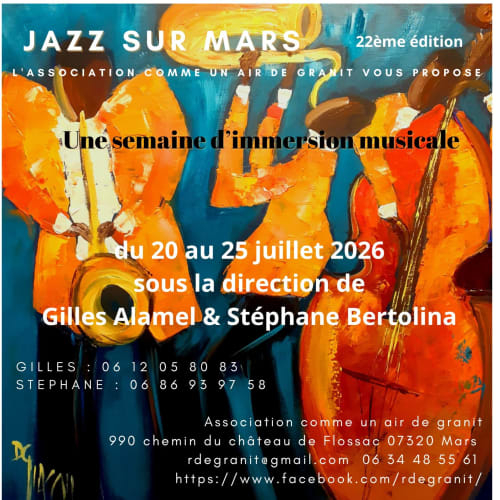 Affiche Jazz sur Mars 22e édition avec instruments de musique colorés et détails de l'événement 20-25 juillet 2026 à Mars, France