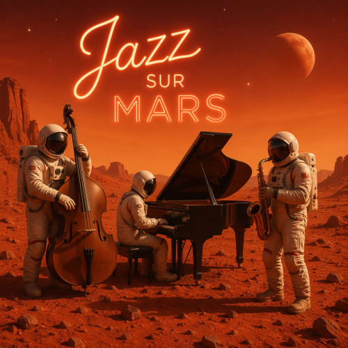 Des astronautes jouent du jazz sur Mars au Domaine De Maleval, un séjour fantaisiste en gîte avec éclairage néon et paysage rouge