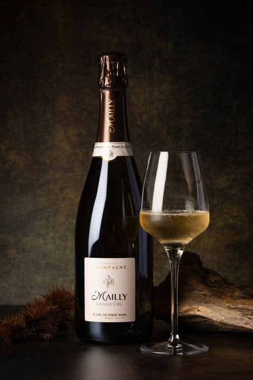 Mailly Grand Cru Champagne bottle and glass at Hôtel Restaurant Le S'Y in Seingbouse